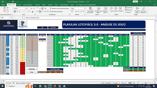 Planilha desdobramento Lotofacil 18, 19 e 20 dezenas