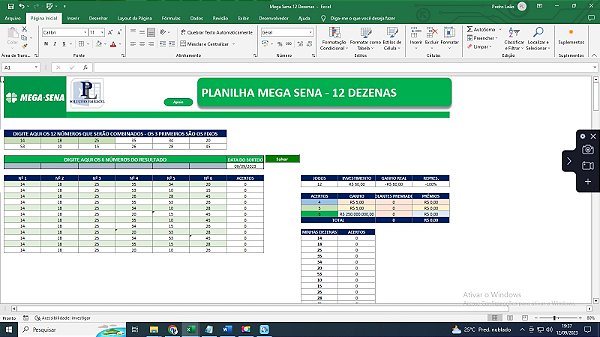 Planilha Desdobramento Mega Sena - 12 Dezenas em 12 Jogos