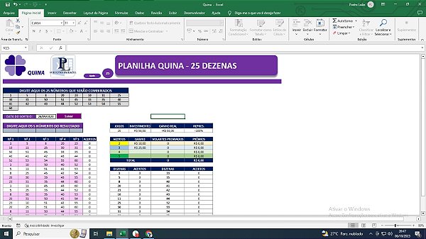 Planilha Gerar Combinações Quina - 25 Dezenas em 20 Jogos