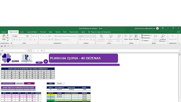 Planilha Gerar Combinações Quina - 40 Dezenas em 24 Jogos