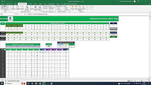 Planilha Gerar Combinações Mega Sena | 36 dezenas em 1000 jogos