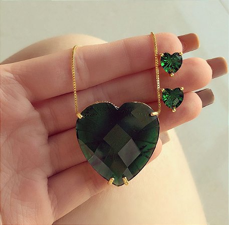 Conjunto Maxi Coração Pedra Raiada Verde Esmeralda Dourado