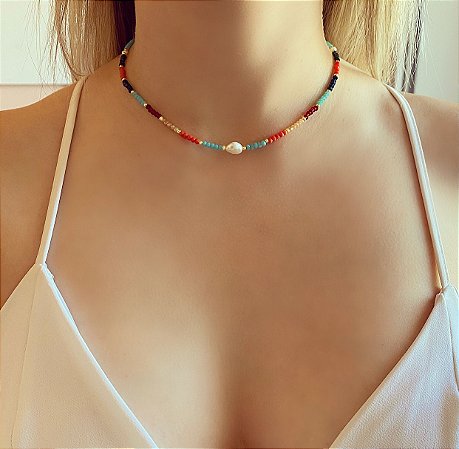 Chocker de Cristais Colorido Verão com Pérola de Água Doce Dourado