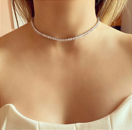 Chocker Riviera Mil Quadradinhos de Zircônias Diamond Ródio Branco