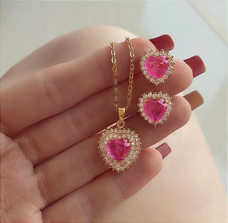 Conjunto Elo Português com Coração de Pedra Fusion Rosa e Zircônias Diamond Dourado