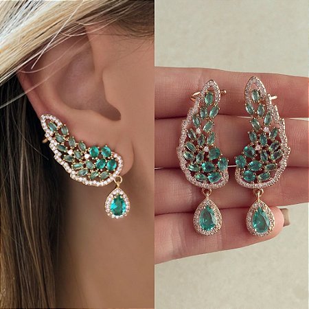 Ear Cuff Luxuoso com Mil Zircônias Verde e Diamond Dourado