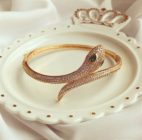 Bracelete Cobra com Mil Zircônias Diamond e Verde Esmeralda Dourado