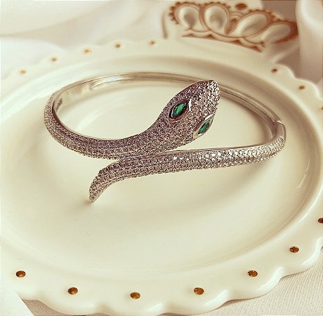Bracelete Cobra com Mil Zircônias Diamond e Verde Esmeralda Ródio Branco