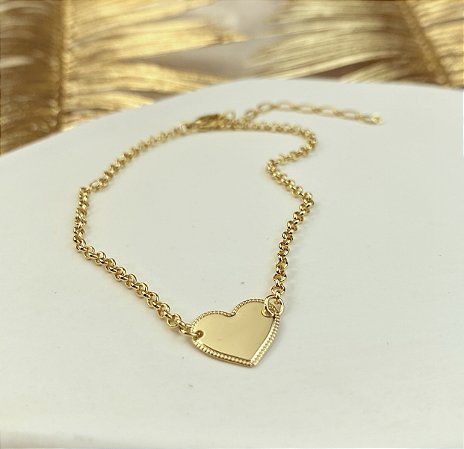 Pulseira Elo Português com Coração Liso Dourado