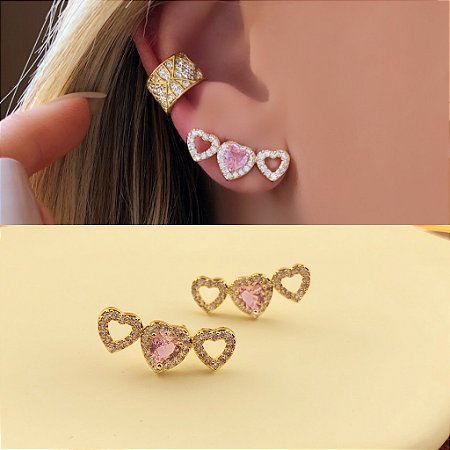 Brinco Ear Cuff Corações de Micro Zircônias Diamond e Cristal Rosa Claro Dourado