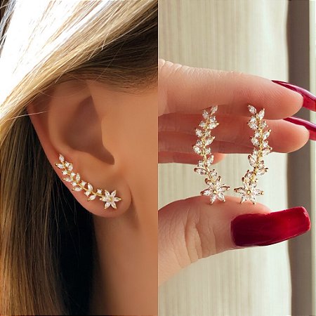 Brinco Ear Cuff Flor de Zircônias Diamond Dourado