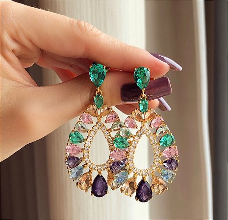 Brinco Alagoas com Mil Cristais Coloridos e Micro Zircônias Diamond Dourado