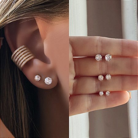Kit Trio Ponto de Luz Zircônia Diamond Dourado