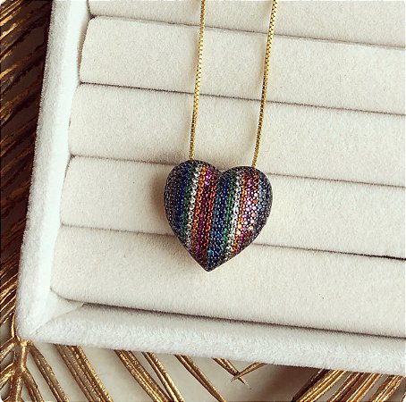 Corrente Maxi Coração na Caneta Ródio com Cravação de Mil Zircônias Colorida Dourado