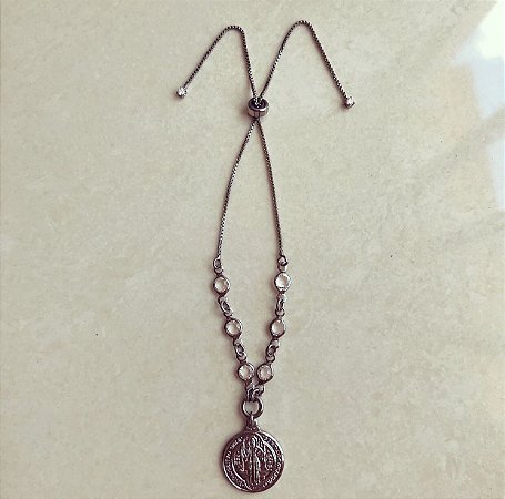 Pulseira Medalha São Bento/Cristais Ródio Negro