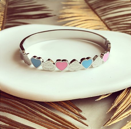 Pulseira Aro com Coração Rosa e Azul Ródio Branco