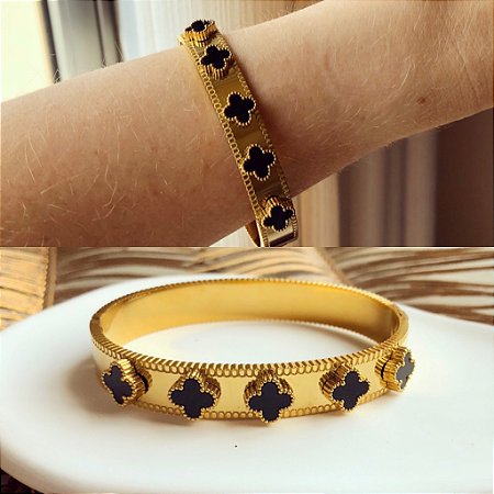 Bracelete Inspired Grosso Flor Preta Dourado