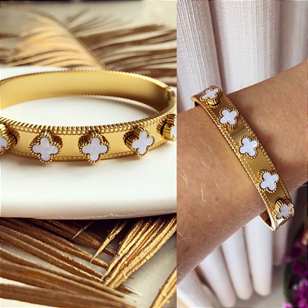 Bracelete Inspired Flor Branca Dourado