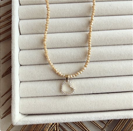 Chocker Cristais de Doce de Leite com Coração de Zircônias Diamond Dourado
