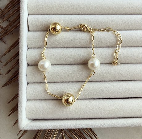 Pulseira Pérola e Esferas Dourado