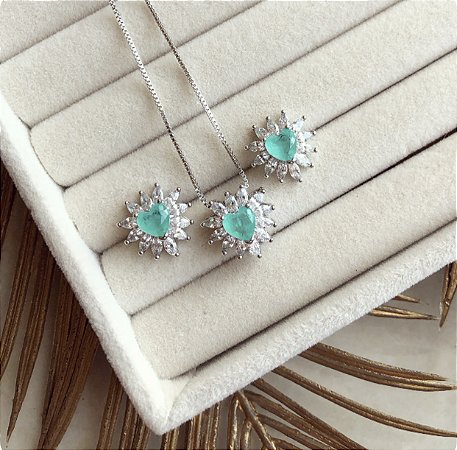 Conjunto Coração Pedra Fusion Verde Paraíba com Zircônia Diamond Ródio Branco