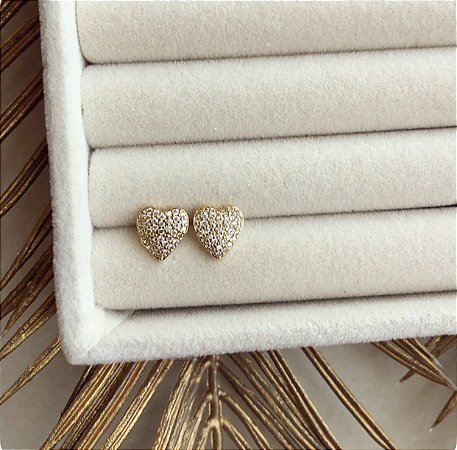 Brinco Coração Cravejado de Mil Zircônias Diamond Dourado