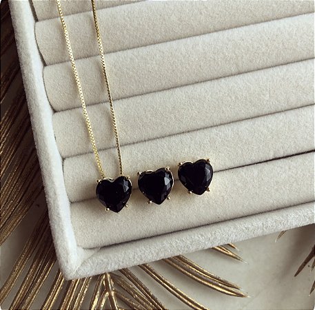 Conjunto Coração Cristal Preto Dourado