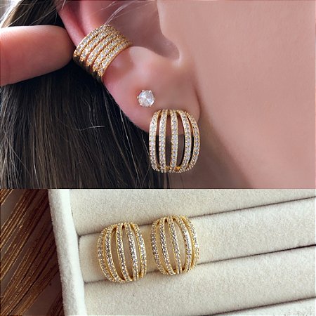 Brinco Cacho de Mil Zircônias Diamond Dourado