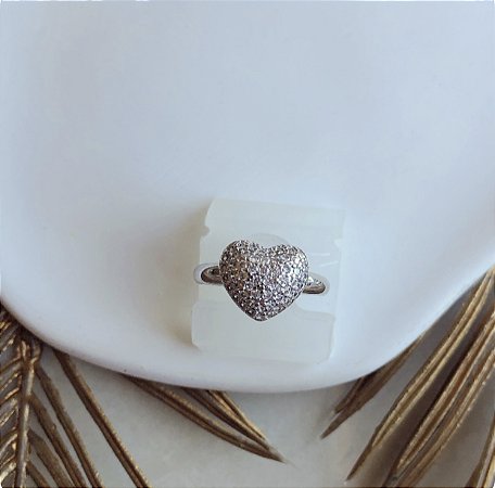 Anel Coração Cravejado de Mil Zircônias Diamond Ródio Branco