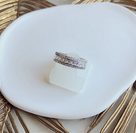 Anel Riviera Luxo Mil Zircônias Diamond Ródio Branco