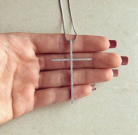 Corrente Cruz Cravação Micro Zircônias Diamond Ródio Branco