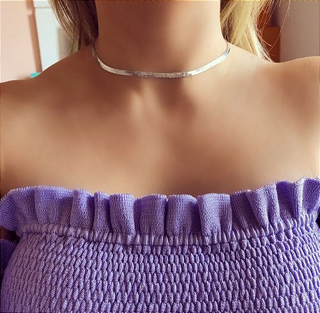 Chocker Fita Thassia Luxo Ródio Branco