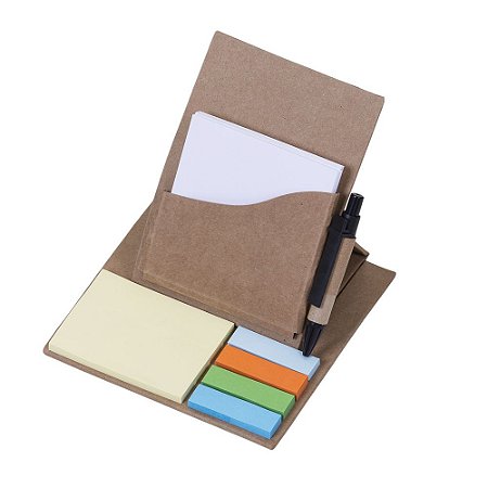 Bloco de Anotações Ecológico com Mini Caneta Reciclada e Post-it