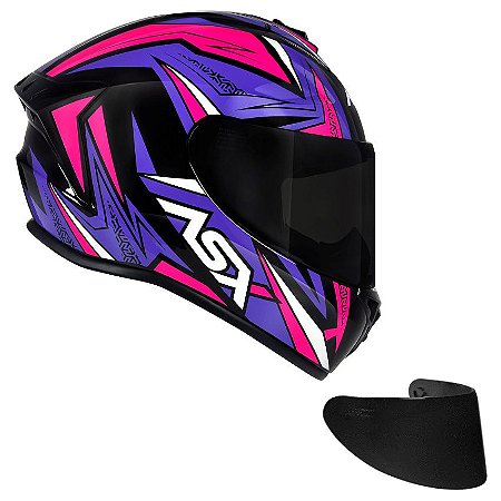 Combo Capacete Asx Draken Vector Brilho Preto/ Lilas/ Rosa