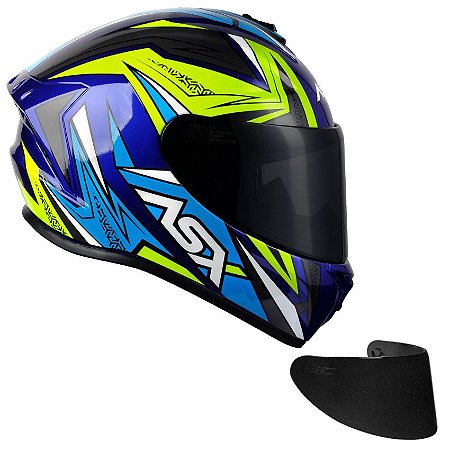 Combo Capacete Asx Draken Vector Brilho Azul/ Amarelo/ Cinza