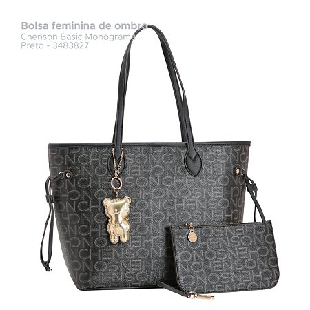 Bolsa Feminina Basic Monograma - Chenson 3483827 - Alça de ombro + necessaire l Preta