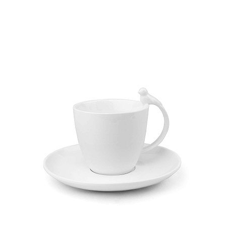 Xícara com pires em porcelana branca Birds 200 ml