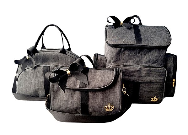Kit 3 Bolsas Bebe Maternidade Preto Mochila Luxo Alça Preta