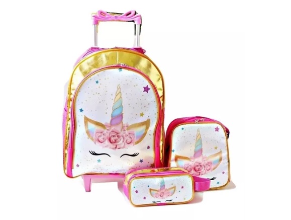 Mochila Unicornio Flores Rodinhas Lancheira Estojo Kit