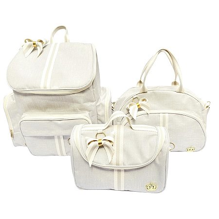 kit Maternidade Bebe Bolsa Marfin Mochila Luxo Laço 3 bolsas Bege