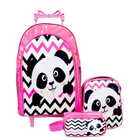Mochila Urso Panda Rodinhas Lancheira Estojo
