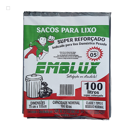 Saco para Lixo Reforçado Emblux - 100 Litros Preto 5 Unidades