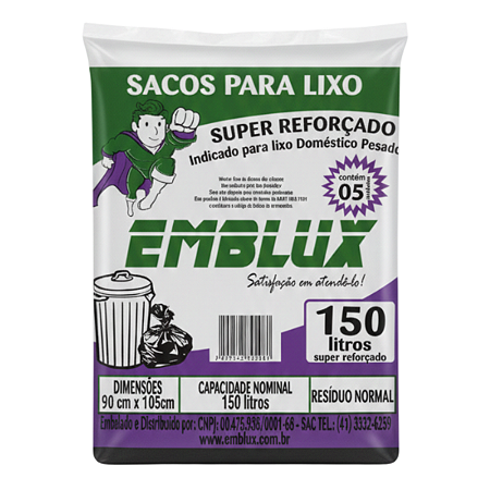 Saco para Lixo Reforçado Emblux - 150 Litros Preto 5 Unidades
