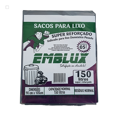 Saco para Lixo Reforçado Emblux - 150 Litros  Preto 5 Unidades