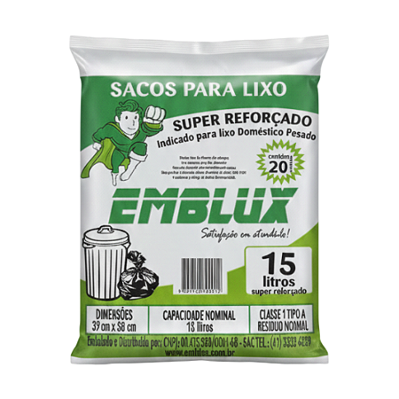Saco para Lixo Reforçado Emblux - 15 Litros Preto 20 Unidades