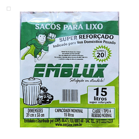 Saco para Lixo Reforçado Emblux - 15 Litros Preto 20 Unidades