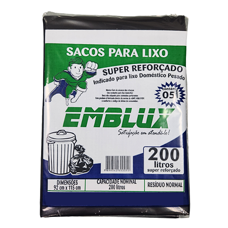 Saco para Lixo Reforçado Emblux - 200 Litros Preto 5 Unidades