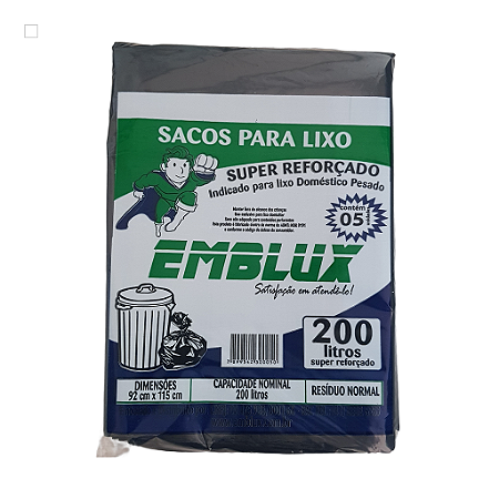 Saco para Lixo Reforçado Emblux - 200 Litros Preto 5 Unidades
