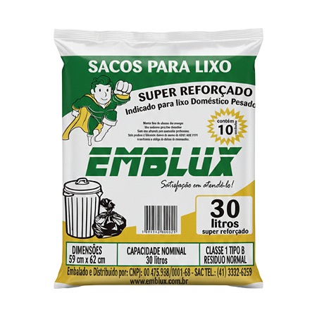 Saco para Lixo Reforçado Emblux - 30 Litros Preto 10 Unidades