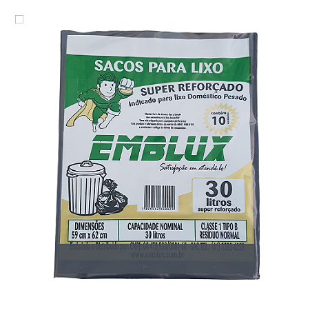 Saco para Lixo Reforçado Emblux - 30 Litros Preto 10 Unidades